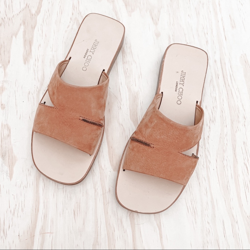Jimmy Choo slide sandals in tan suede, size 9.5